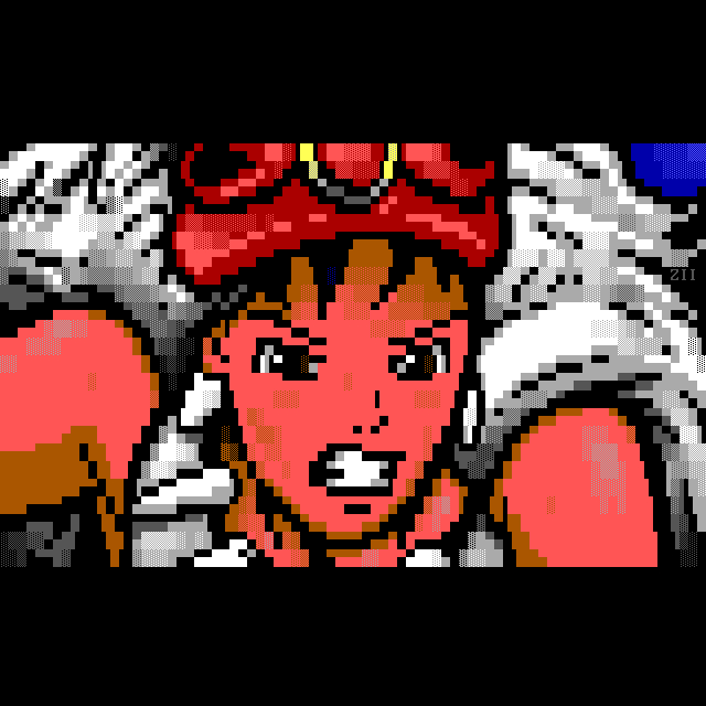 A fierce young woman in a primitive, animalistic costume of furs, a teeth necklace, and a mask, grimaces at the viewer with her war face.