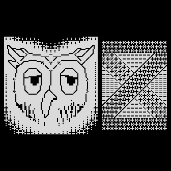 An owl's face, surrounded by a radiant nimbus, peers to the side beneath hooded eyes. In a separate panel to the right, a giant letter X is traced out in text character textures with crossbars on top and beneath it.