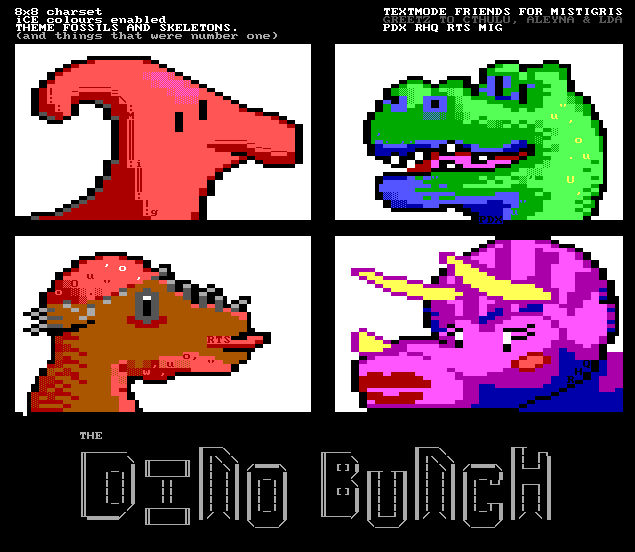 Four dinosaurs, a parasaurolophus, a t-rex, a pachycephalosaurus, and a triceratops, look at each other from cells of a white-backgrounded four-way grid.  Beneath them a zany label describes them as The Dino Bunch.