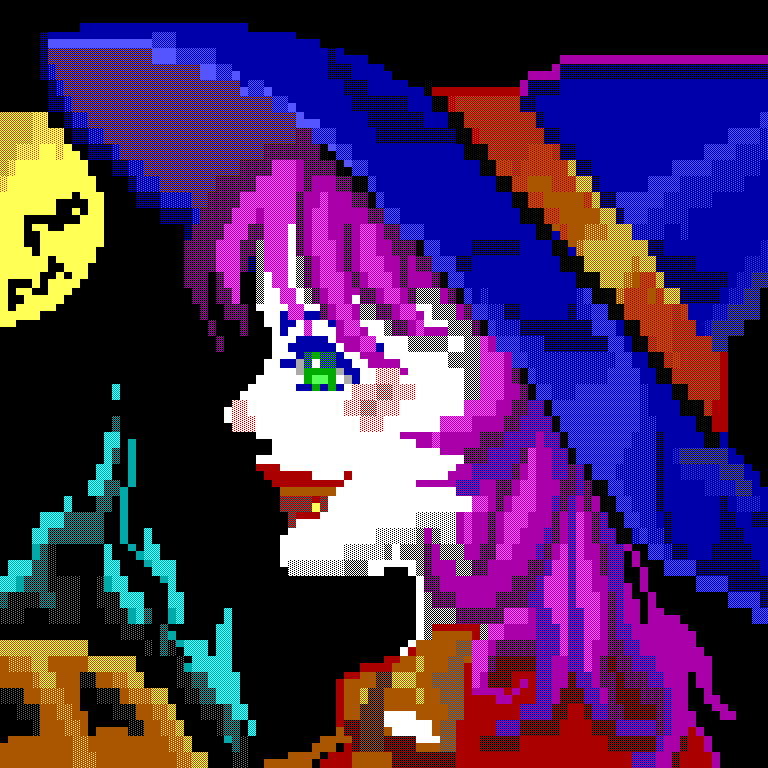 A youthful witch (or Halloween Sorceress) with pale skin and colourful accents on her face and hair gazes off to the left beneath her wide-brimmed hat, holding a green-burning flaming pumpkin. Behind her, bats fly across the face of the full moon.