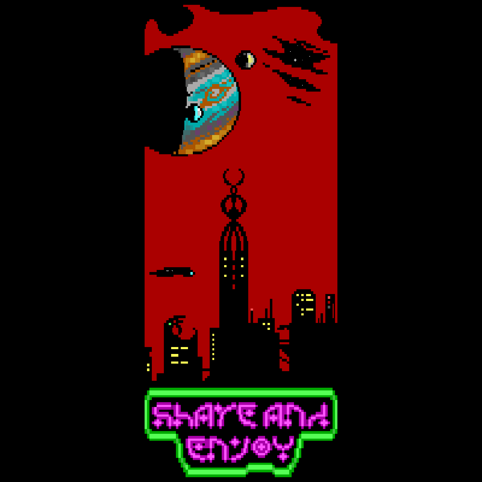 Beneath the darkened silhouette of a futuristic alien city, bustling beneath an ominous red sky, abstract neon letters glimmer brightly out of the darkness proclaiming 'Share and Enjoy'