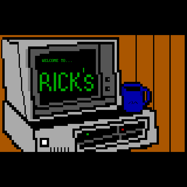 An early IBM PC model sits in a wood-panelled room, displaying WELCOME TO RICK'S in green on its monitor.