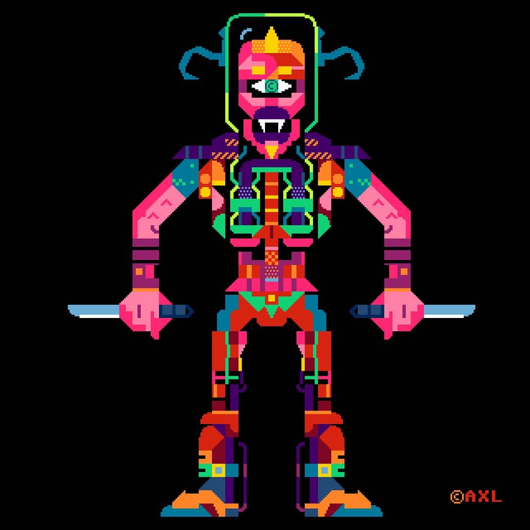 A pink, one-eyed armoured humanoid in a space helmet clutches a dagger in each fist.