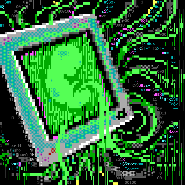 A cockeyed terminal faces us from the darkness of the cosmic vortex, on its green screen a growing, glowing, fetus whose amniotic fluids spill out the front of the display and spiral away into the miasma of darkness.