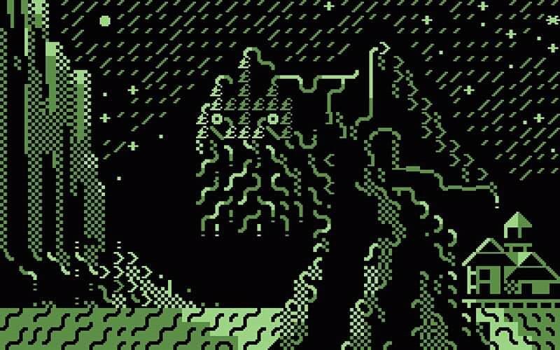 The sea a riot of waves and the night sky alive with cosmic rays, an ancient winged cyclopean green octopus-headed god from another world lumbers past a coastal community