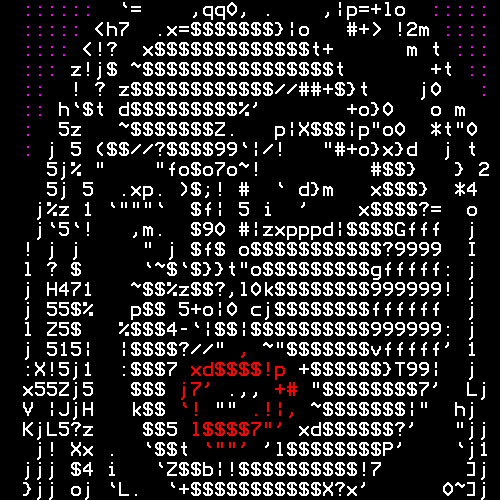 A woman's made-up face, heavy on the lipstick, looks past a carefully coiffed hairdo, all entirely composed of letters, numbers and punctuation marks.