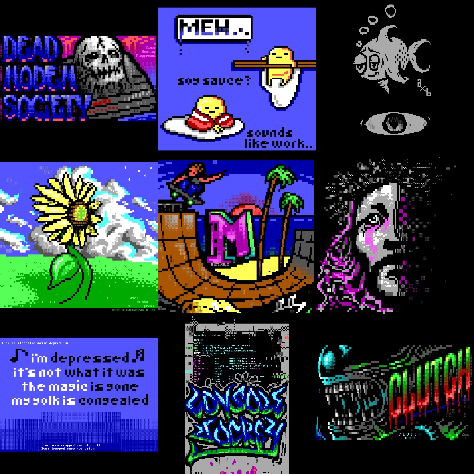 a 3x3 grid of thumbnail images shows blocky images, composed of semigraphics symbols, depicting the dead and the resurrected, a skater, a fish, a xenomorph, and a flower, a graffiti tag, a snatch of song lyrics and an unimpressed egg.