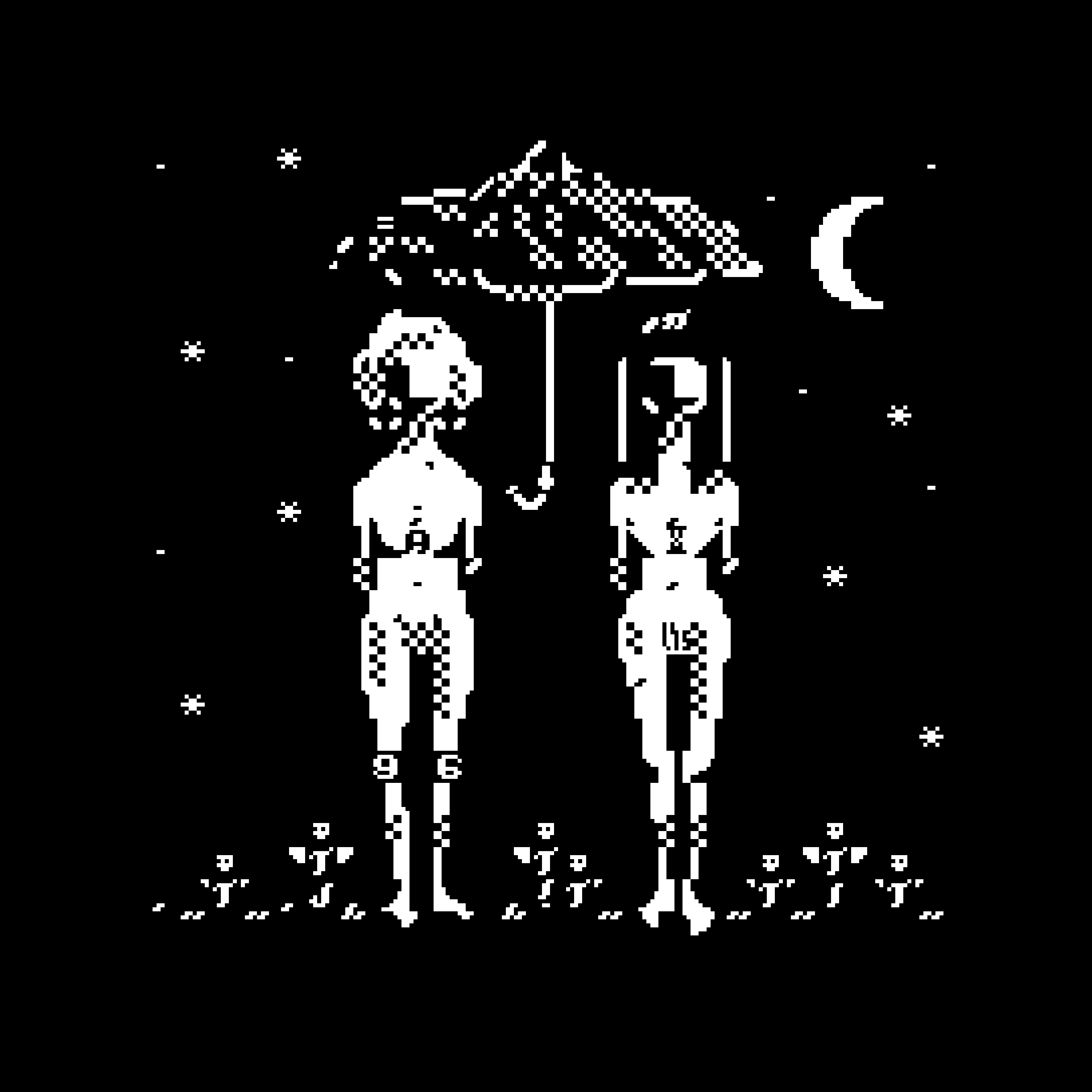 Beneath a starry night sky complete with a crescent moon, two vague human figures with obscured arms huddle side by side in the grass beneath a levitating parasol. (Paralun, I guess.)