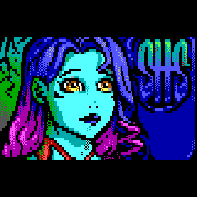 A cyan-skinned woman with yellow cat eyes and blue-purple lips and hair gazes into the wild blue yonder. Behind her to the left appears to dangle a tree branch, to the right a logo reading SHS for Shurato's Heavenly Sphere.