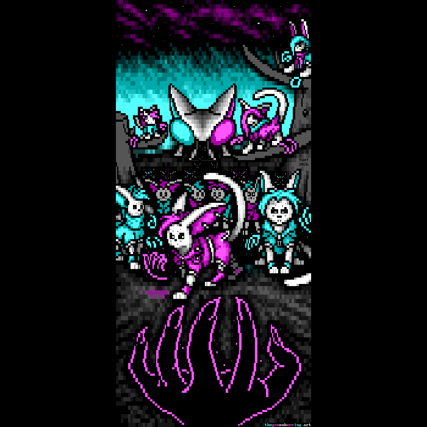 A gang of irate rabbity creatures in purple outfits stare down the viewer menacingly with ominous glowing red paws. The viewer's claw glows correspondingly.
