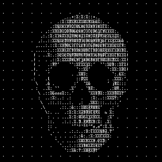 A clean human skull, formed entirely out of gothic letters and punctuation marks, meets the viewer's gaze dead-on.