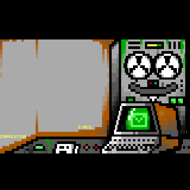 Reel-to-reel mainframe data tape storage stands against a cement bunker wall, a green glowing terminal console attached displaying an envelope, suggesting e-mail incoming.