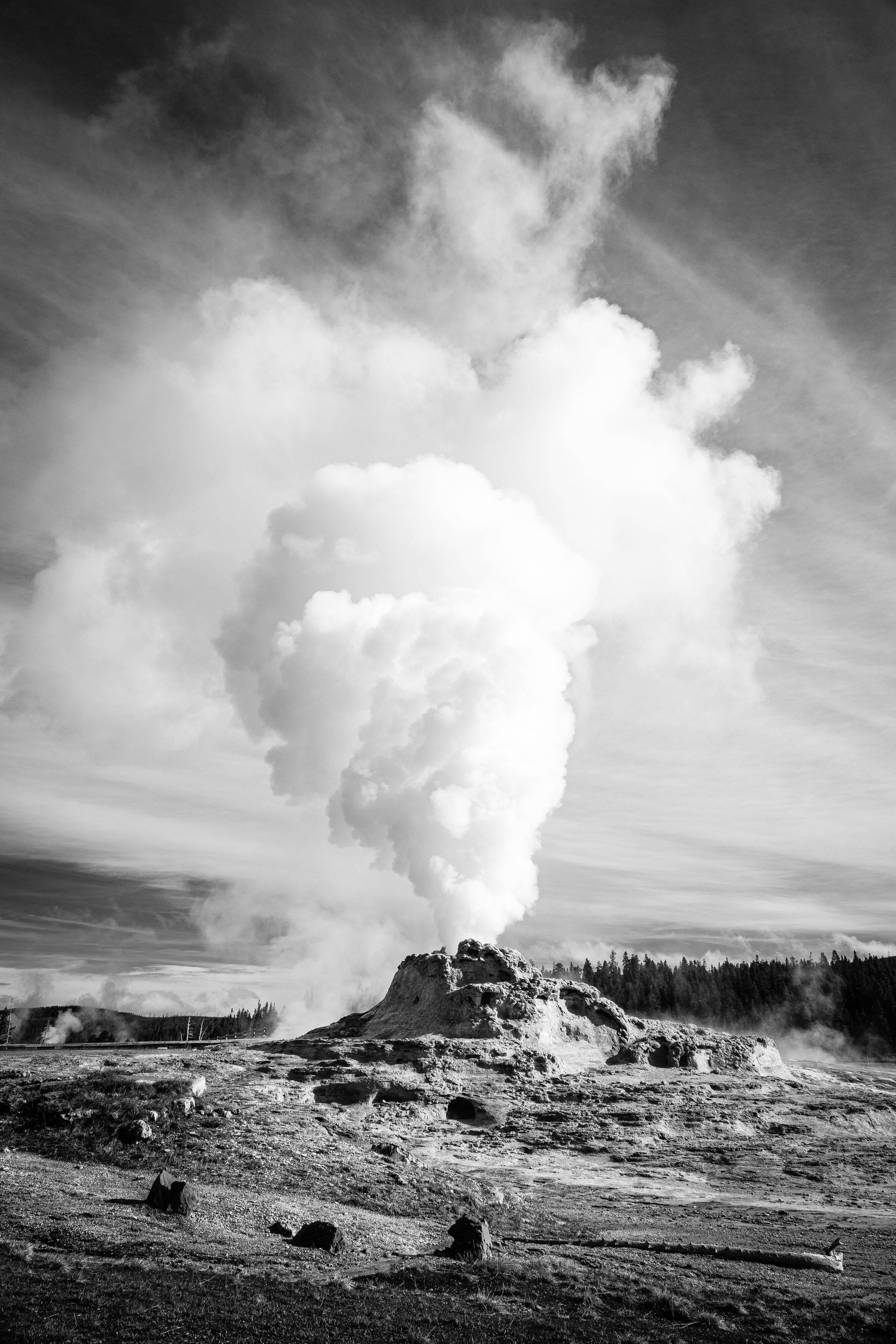 A steam plume rising off of Castle Geyser during an eruption.
