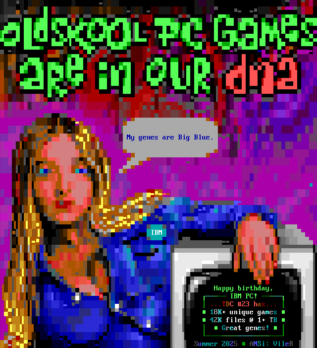A glamorous woman wearing a blue denim button-down shirt (open at the top) makes an IBM pun while lounging alongside an old computer display.
