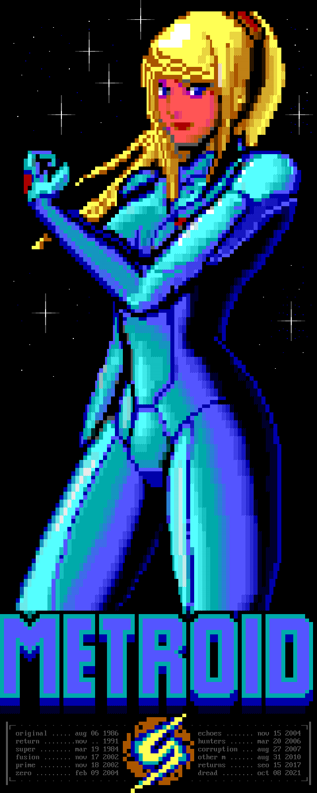 A blonde woman in a futuristic blue battlesuit poses, flexing, before a starry night sky.