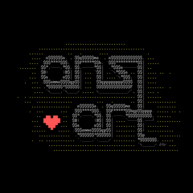 lower-case letters, themselves made out of text characters, spell out the words ansi art. art runs beneath ansi, and the descender from the i at the end of ansi becomes the t at the end of art. To the left of art is a tiny stylised heart.