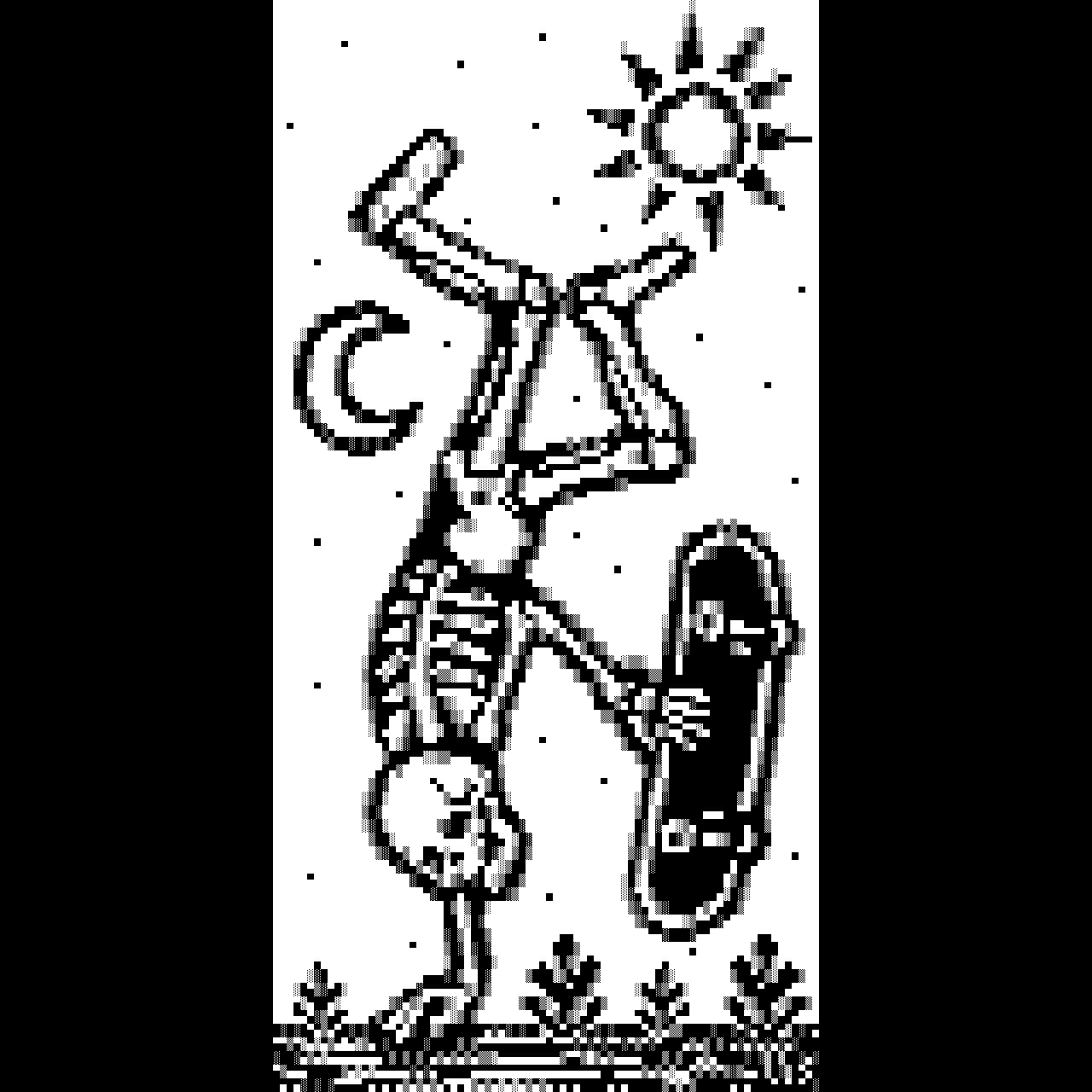 a skeleton skateboarder does a one-arm handstand mid-trick (holding his deck in his other bony claw) while the sun and moon wheel above his kicking foot-bones... all rendered in a woodcut style by way of monochrome ANSI art.