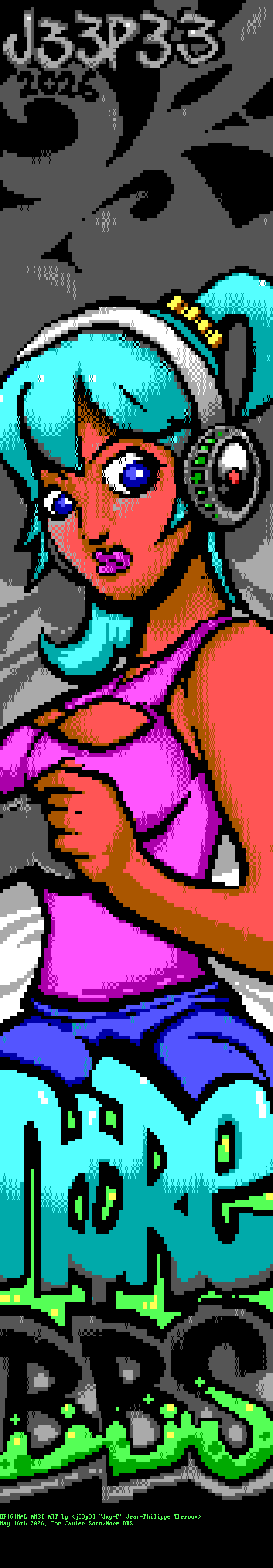 A manic pixie girl with anime hair and a face full of makeup shoots a look at the viewer for interrupting her gaming session above a logo promoting Nore BBS.