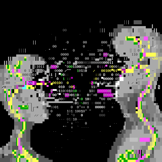 Two veiny and discoloured organic humanoid forms oriented toward each other dissolve their faces into a stream of ones and zeroes, yielding an empty space between them in the shape of a stylised heart