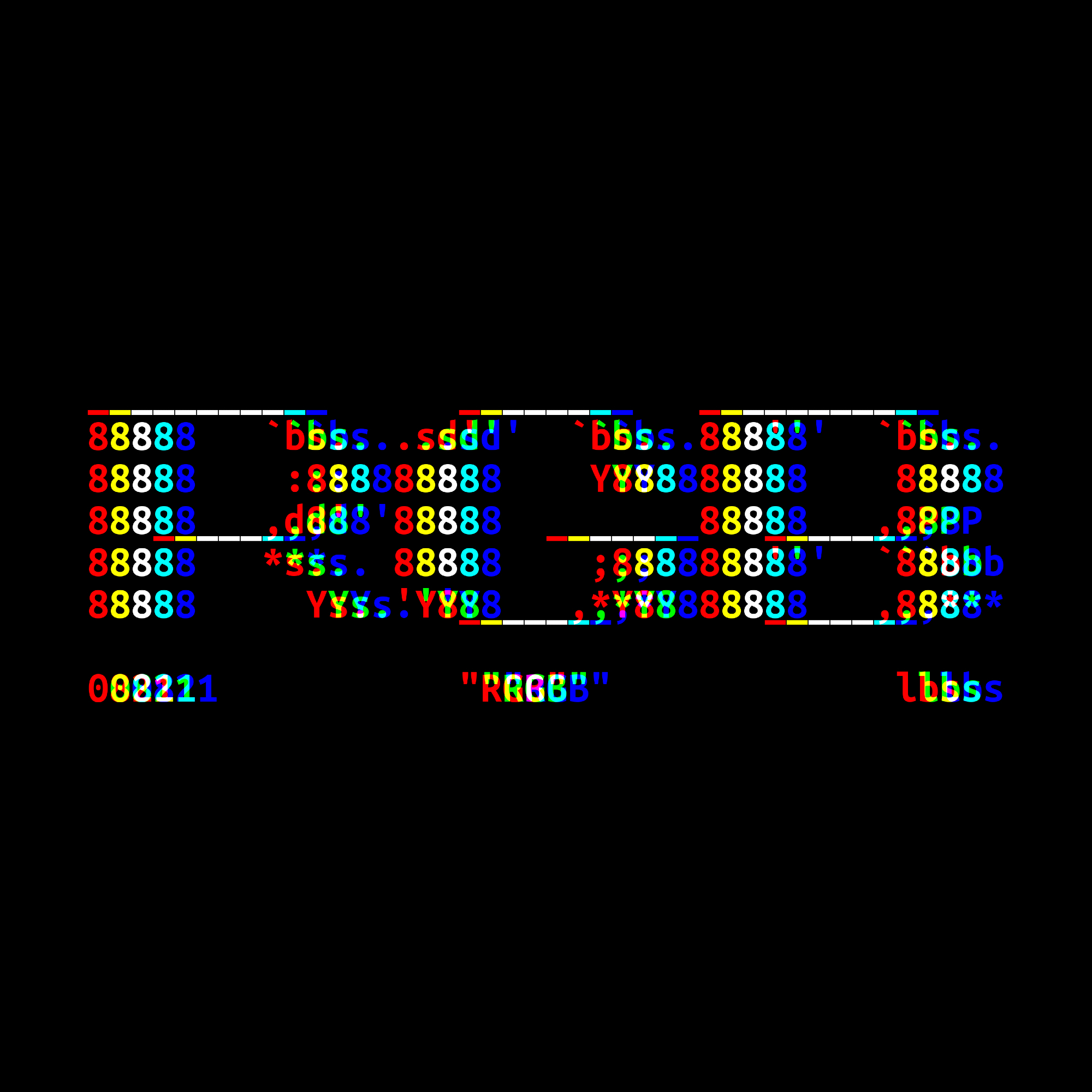 Three letters, spelling out R, G and B, are drawn in text characters in three largely-but-not-entirely congruent overlapping waves of red, green and blue.