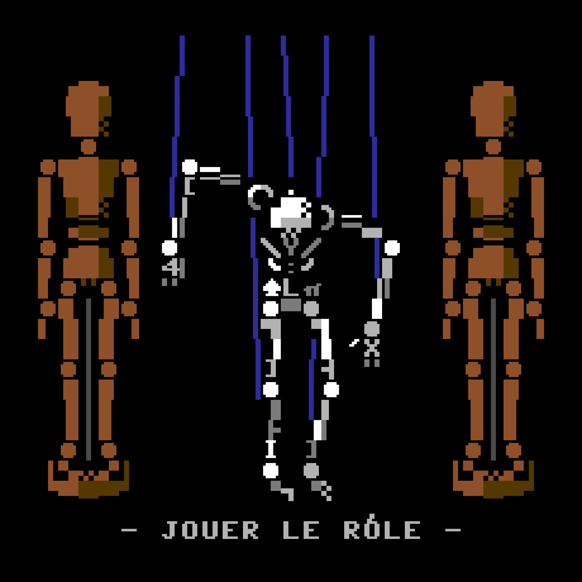 A skeletal figure hangs limply at rest, suspended by dark blue strings as a marionette, between two shadowy artist's mannequins in a dark storage area.
