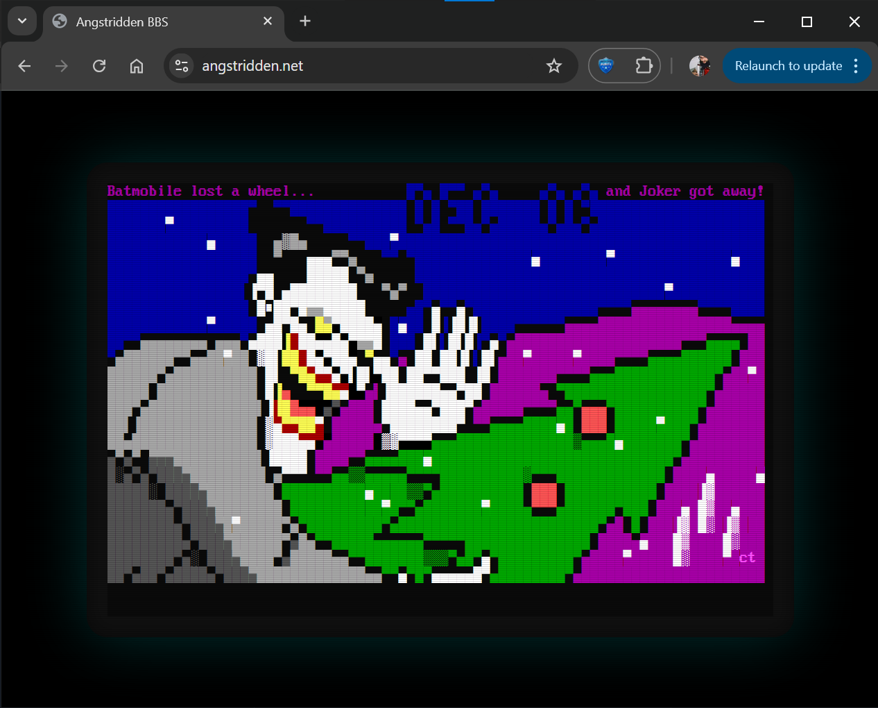 A pale-faced grinning man rides across the winter night sky on a flying Christmas tree