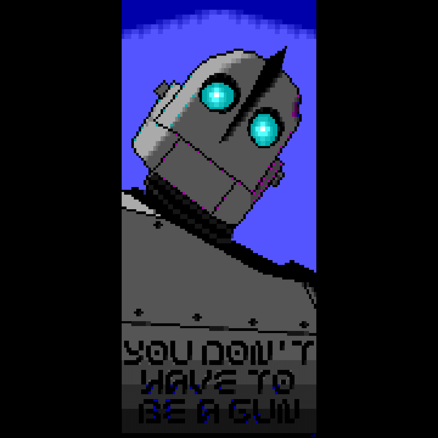A grey robot with a dented head looks down at the viewer with glowing green eyes.