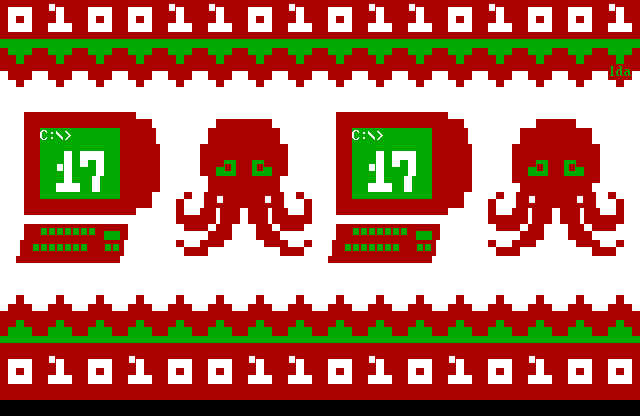 An octopus head floats next to a computer terminal, sandwiched in ugly Christmas sweater style between lines of binary