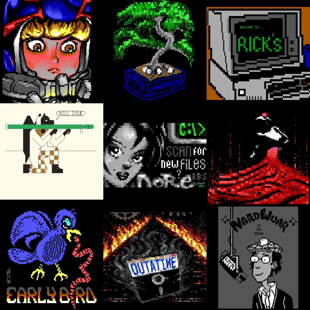 A 3x3 grid displays pixelated thumbnail images of people and flying creatures, a plant, a desktop computer, and a floppy diskette left in the wake of fiery tire tracks.