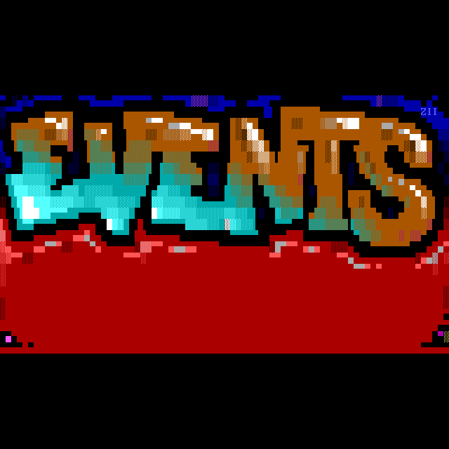 Shiny brown graffiti-style capital letters read EVENTS, with a thin dark blue haze above them and a concerning reflective puddle of something red beneath.