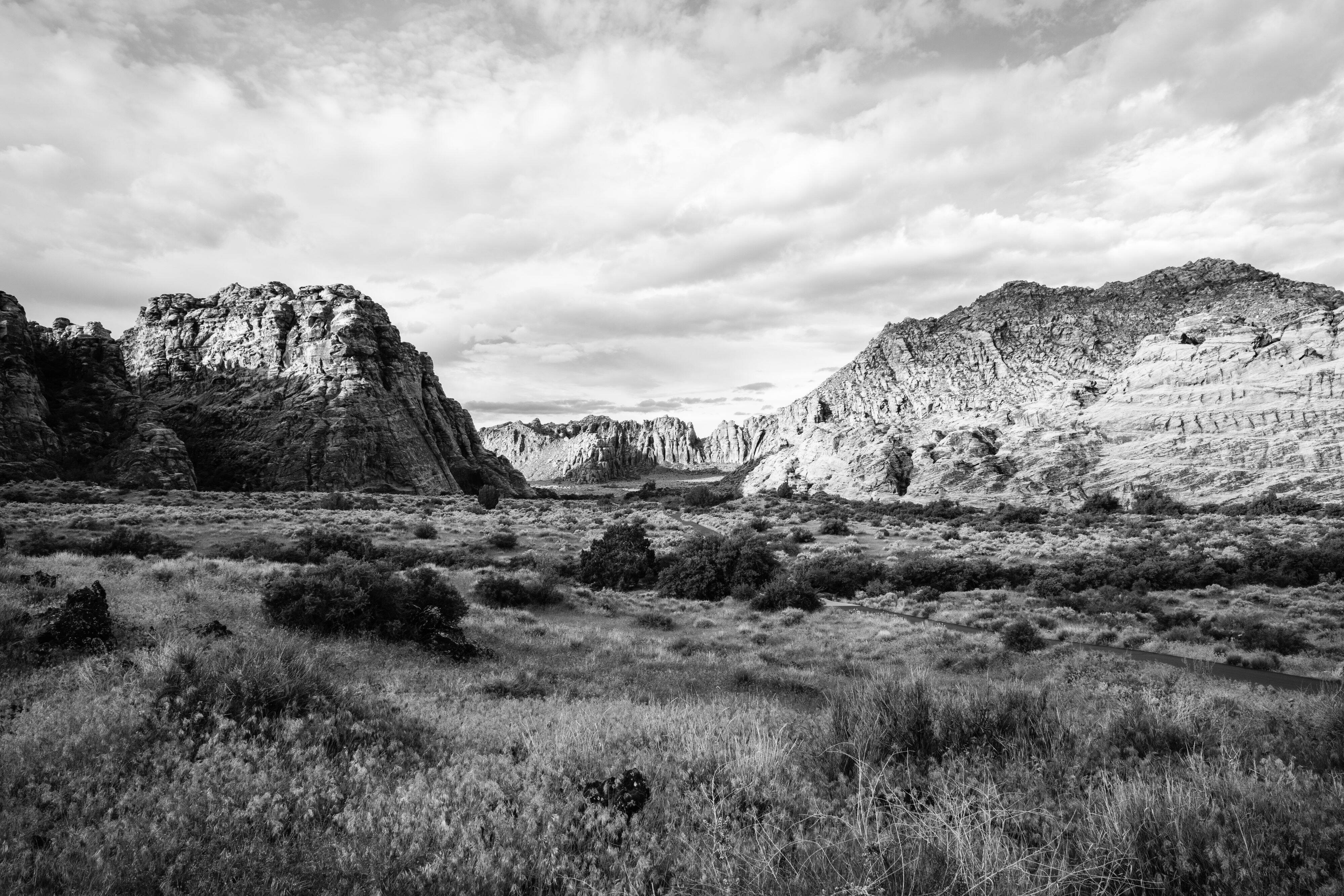 A panoramic view of Snow Canyon State Park, showing a vast landscape showing rocky canyon walls in the background with a valley of dry grass in the foreground. A paved pathway extends into the distance. The sky has scattered clouds.