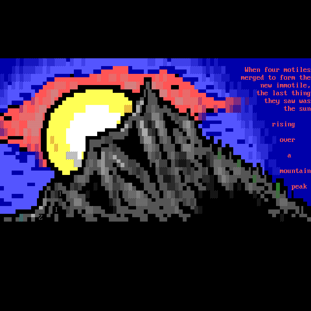 The scene is as described in the caption: When four motiles merged to form the new immotile, the last thing they saw was the sun rising over a mountain peak.