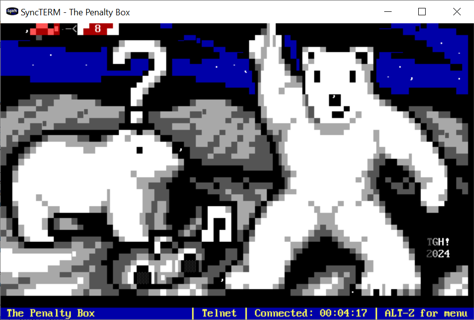 A bipedal polar bear confuses his quadripedal friend as he strikes a Saturday Night Fever pose at the North Pole to tunes emanating from a little boombox half-buried in snow.