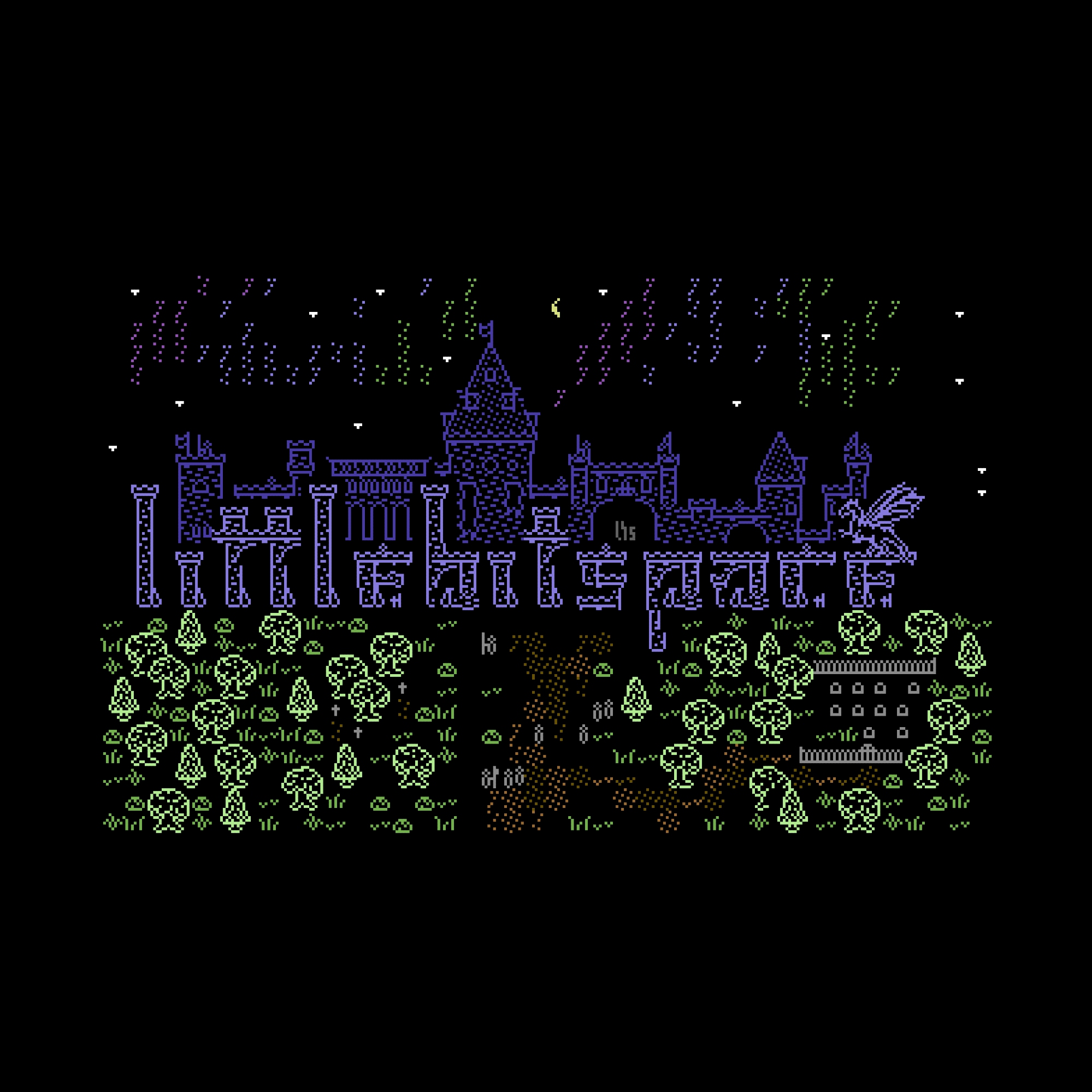 Arising from woodland scrub and a small farmer's plot emerges the contours of a castle's walls and towers, behind the name of the artist littlebitspace, spelled out architecturally. Behind it all the night sky twinkles with stars and glows with clouds charged with faint mystical energy.