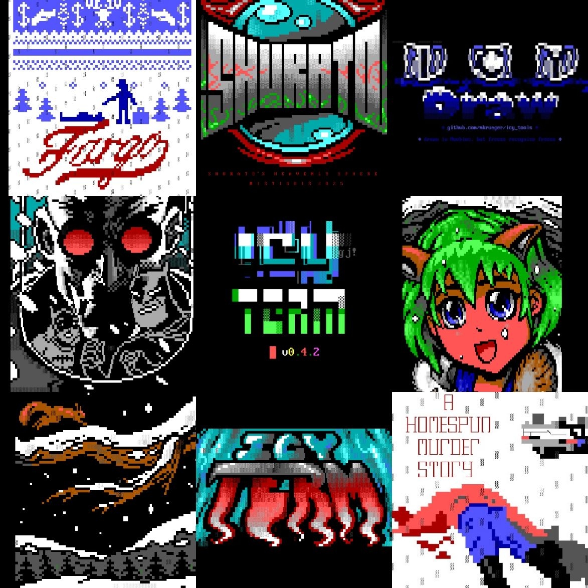 Squirrels caper and anime girls squee among a grid of icy logos, bodies in the snow and villains brooding.