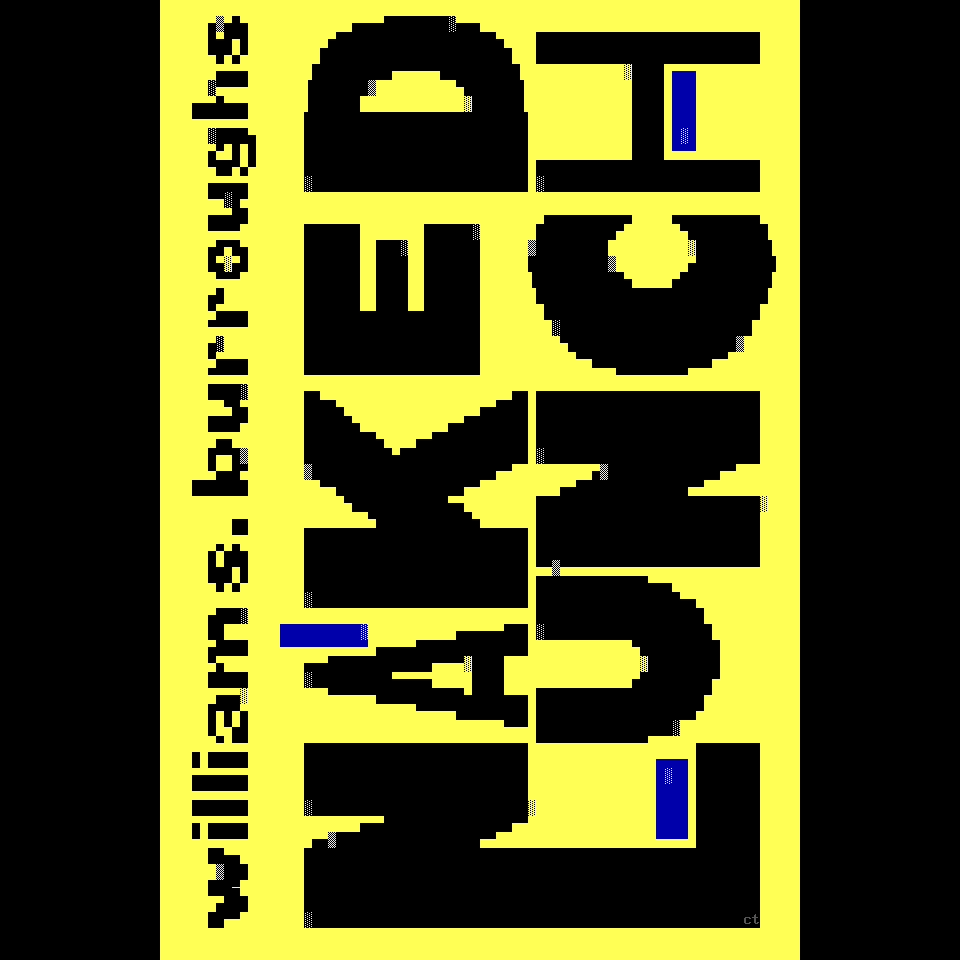 The letters of the name of the book Naked Lunch appear in different sizes in black against a yellow backdrop, punctuated by thin blue rectangles in a postmodern nod to free jazz.