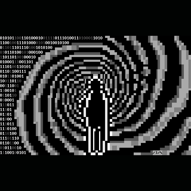 A white-outlined black human silhouette stands against a black and white spiral receeding into the distance, partly abstracted into binary 0s and 1s.