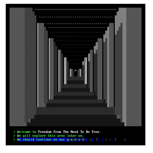 The viewer dimly peers down a long, backrooms-like hallway left in darkness, punctuated by regular closed doorways.