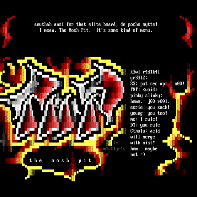 Organic, curving red graffiti-esque letters, outlined and highlighted in white, read TMP (helpfully clarified as standing for the mosh pit) before a flame-like backdrop.