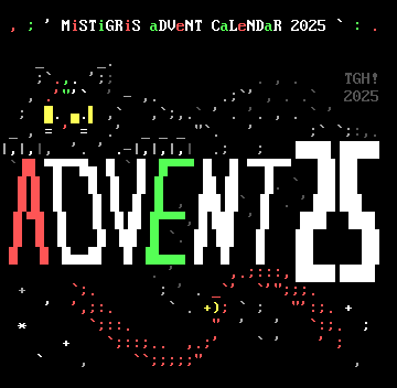 A slinky cat stares back at the viewer out of the darkness, hunkered down atop a logo reading ADVENT25. Beneath, a red ribbon tied to its tail jingles a tiny yellow bell.