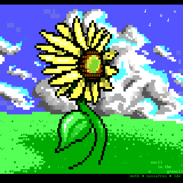 A magnificent flower emerging from a green grassy lawn opens its yellow petals to face the sun while dramatic clouds and tiny birds fly by behind it
