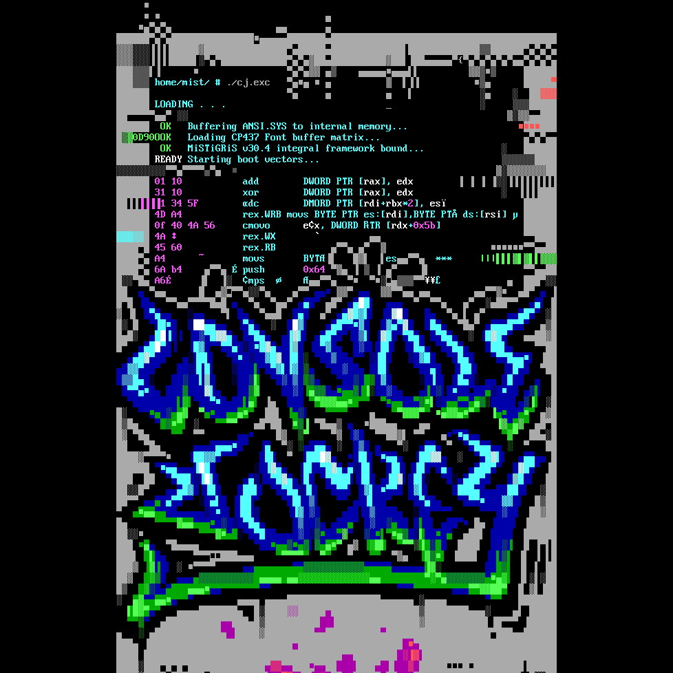 A glitchy terminal window of commands and debugging information serves as a backdrop to a drippy blue/green graffiti-style logo reading Console Jockey.