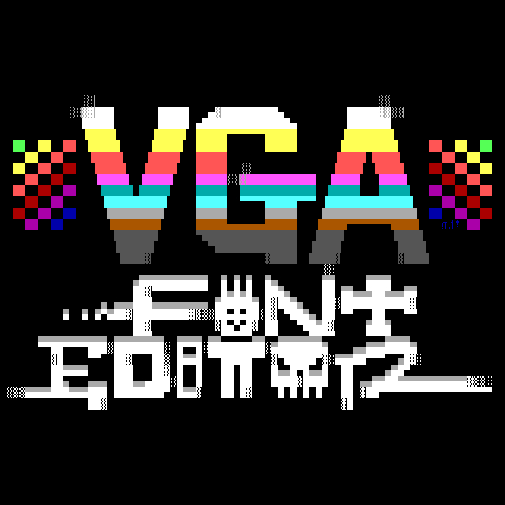 The letters VGA are written large and bold in dazzling rainbow hues between coloured dithering blocks. Beneath, in smaller white graffiti-style letters, each one different from the others, is written Font Editor. The first O is a happy face in a hurry and the second, a skull.