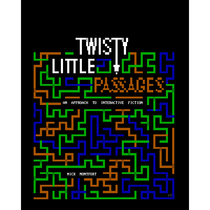 Superimposed upon a maze-like diagram in three colours (green, blue and orange) are large letters reading TWISTY LITTLE PASSAGES. The 2nd T in TWISTY extends down into the maze with a down-pointing arrow. The first two words are in white, the third in orange. Beneath in small text reads An Approach To Interactive Fiction, and further beneath in the maze the name of the author, Nick Montfort, is stated.