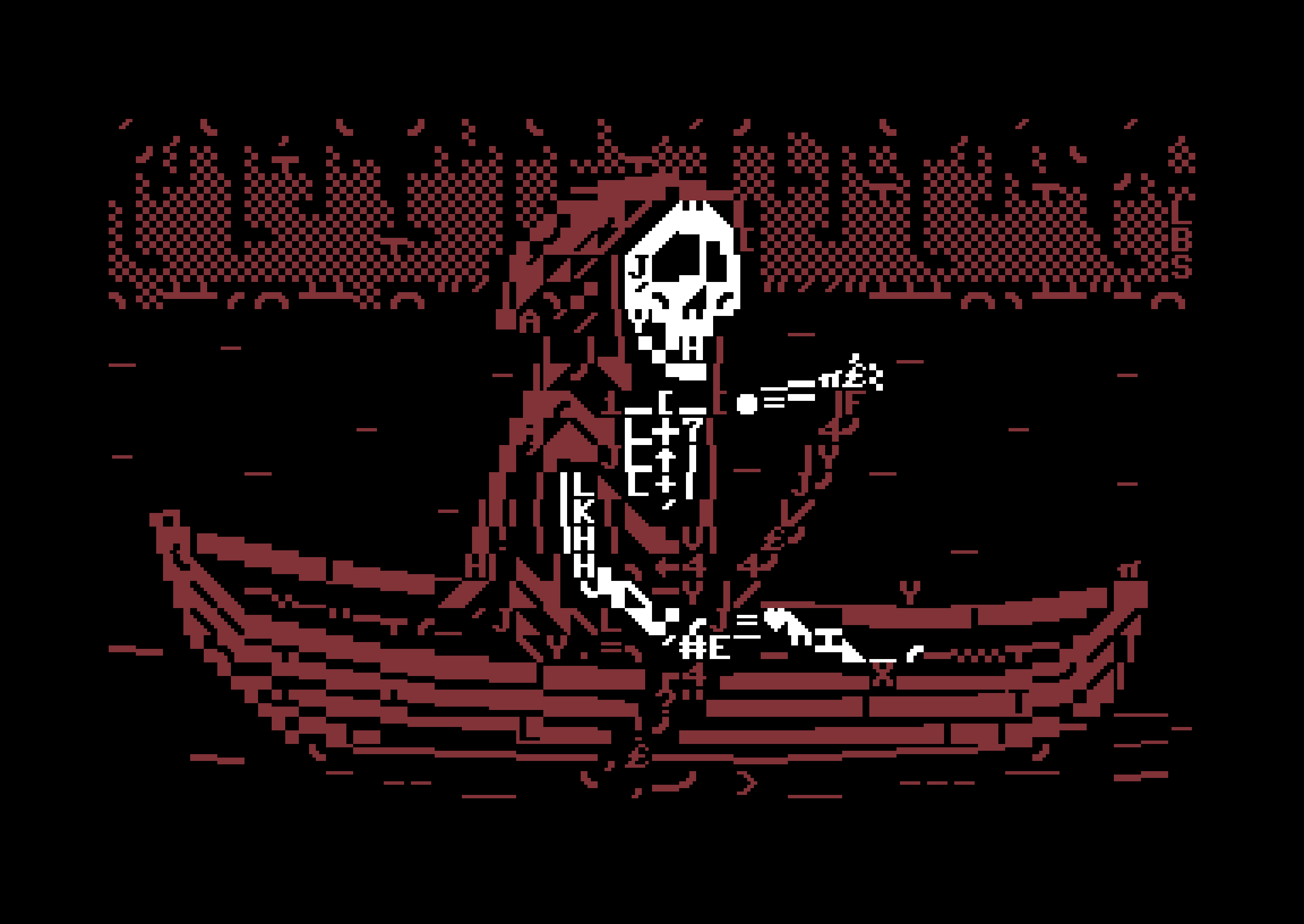 A hooded skeleton paddles a small vessel through a river of the damned.